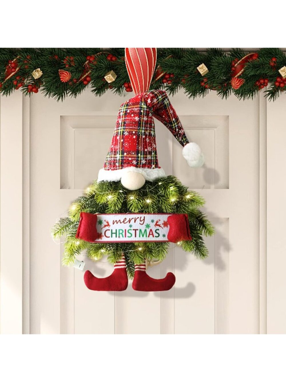 New 30 Inch Christmas Gnome Wreath with LED Lights, Pine Needle Front Door Decor